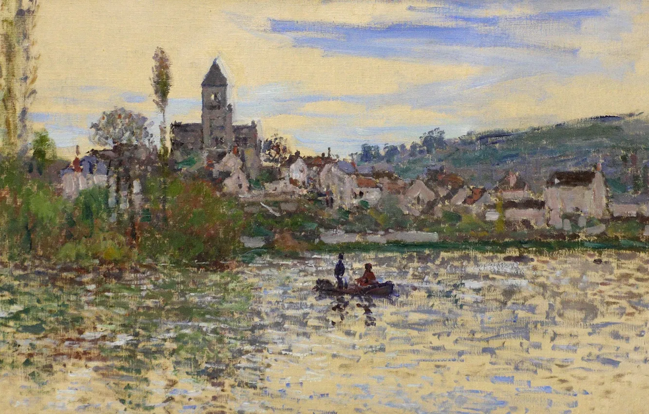 Photo wallpaper landscape, river, boat, picture, Claude Monet, The Seine at Vétheuil