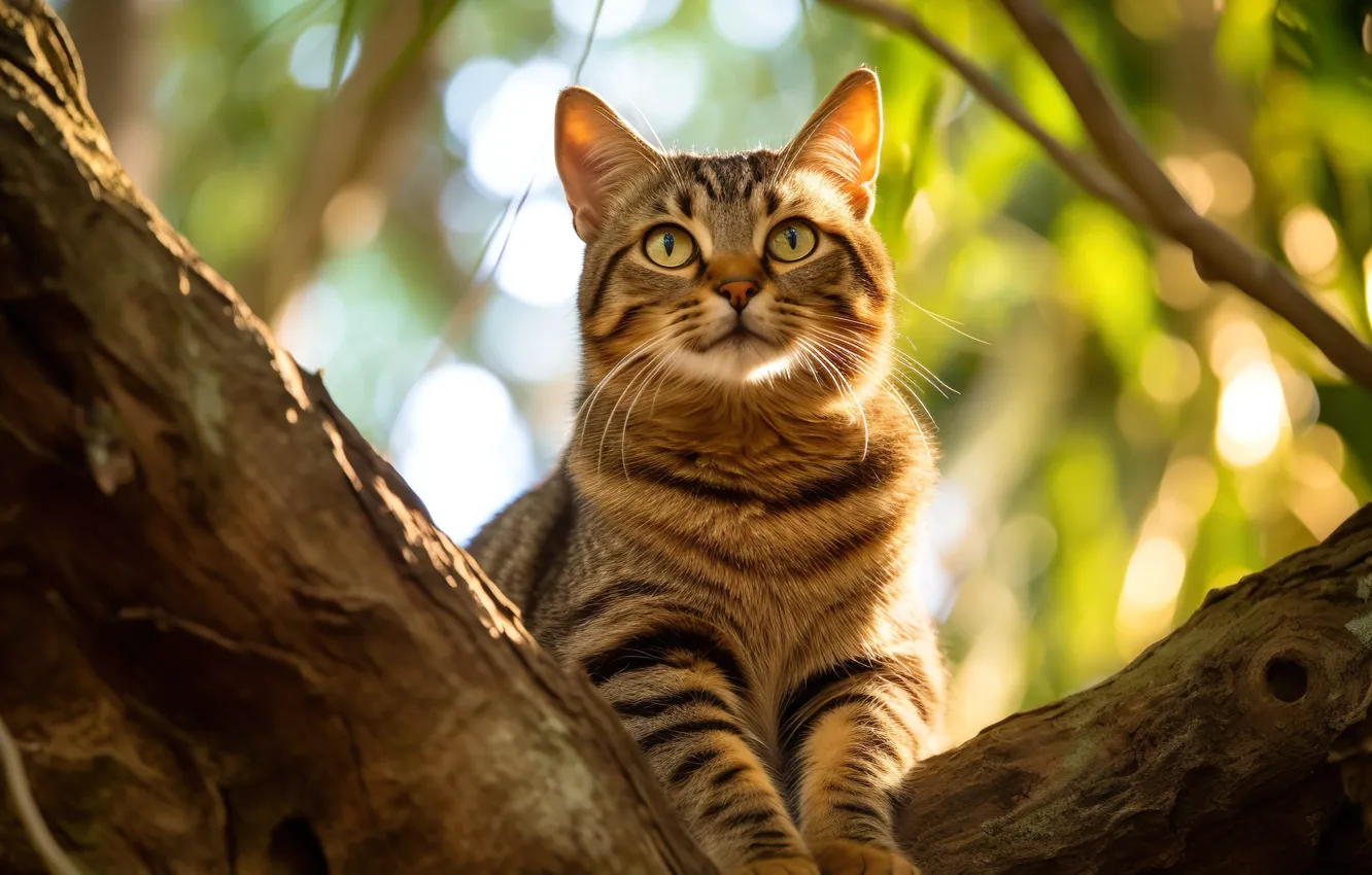 Photo wallpaper cat, cat, look, trees, branches, nature, striped, bokeh