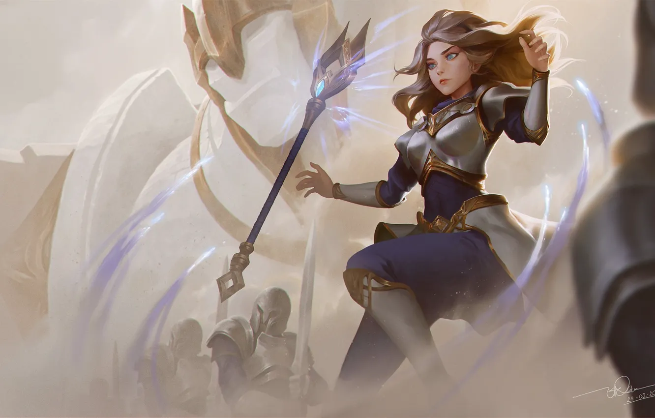 Photo wallpaper girl, staff, knight, Lux, League of Legends