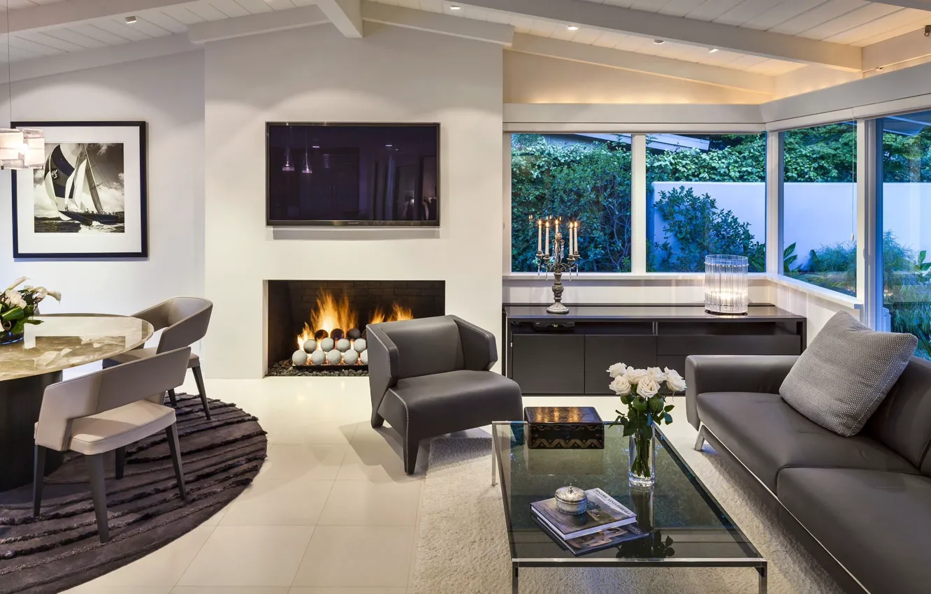 Photo wallpaper interior, fireplace, living room, dining room, Montecito Beach Villa
