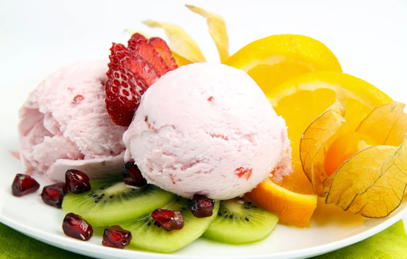 Photo wallpaper orange, kiwi, strawberry, ice cream, fruit, dessert, physalis, garnet