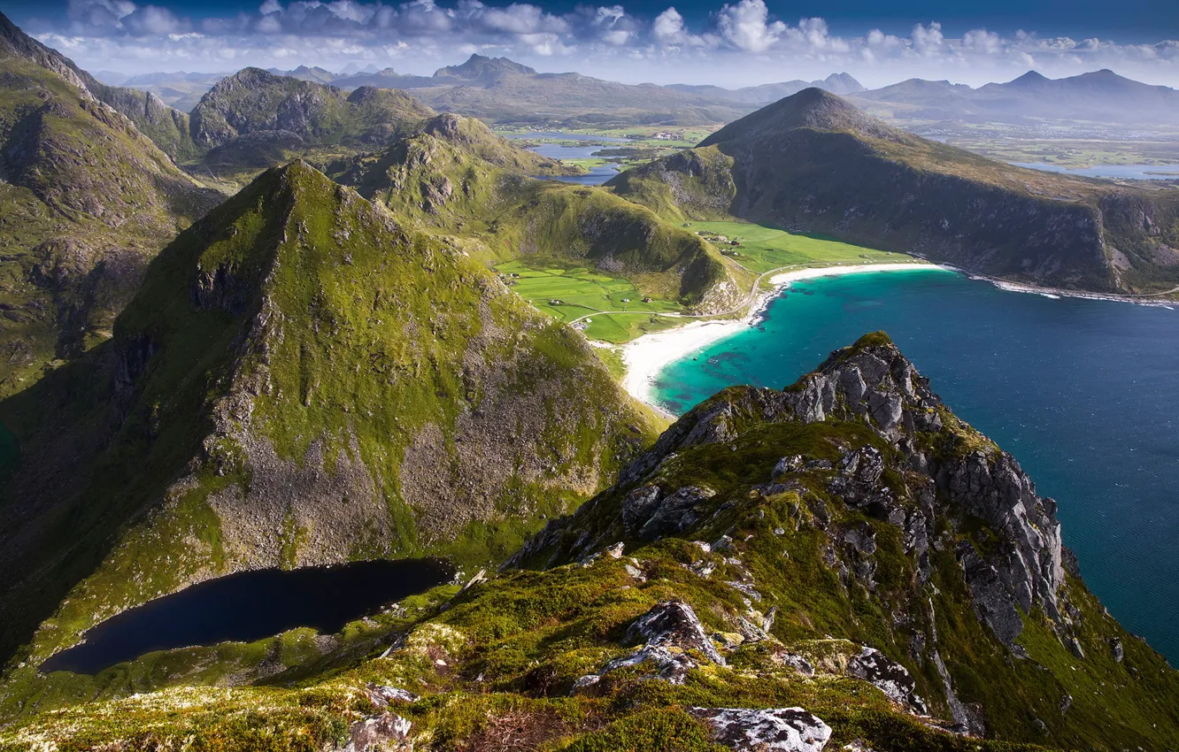 Photo wallpaper sea, the sun, clouds, mountains, stones, rocks, coast, Norway