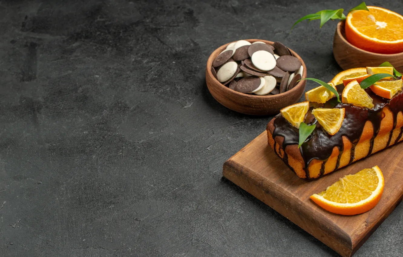 Photo wallpaper orange, chocolate, cookies, cake, bowl, grey background, cream, dessert