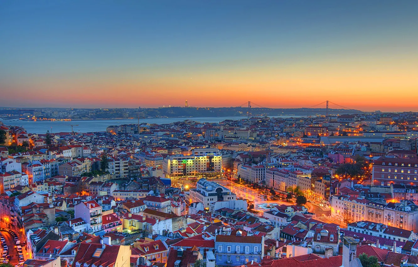 Photo wallpaper roof, the sky, sunset, lights, Portugal, Lisbon, 25th of April bridge