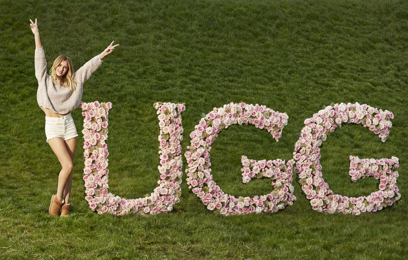 Photo wallpaper grass, flowers, pose, model, roses, Rosie Huntington-Whiteley