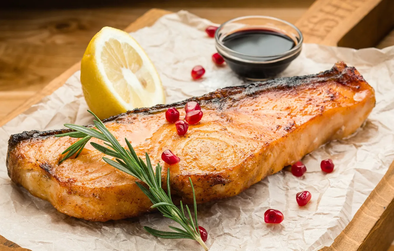 Photo wallpaper lemon, fish, sauce, garnet, salmon, rosemary