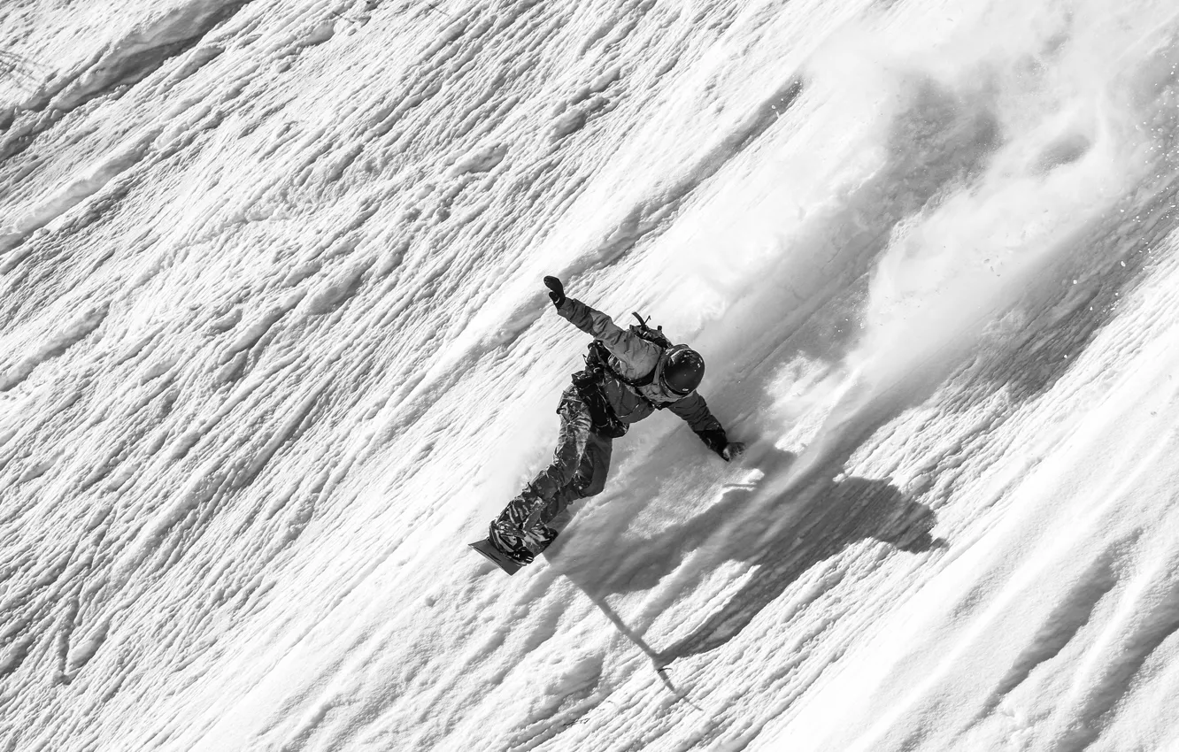 Photo wallpaper winter, snow, mountains, snowboard, shadow, snowboarder, extreme sports