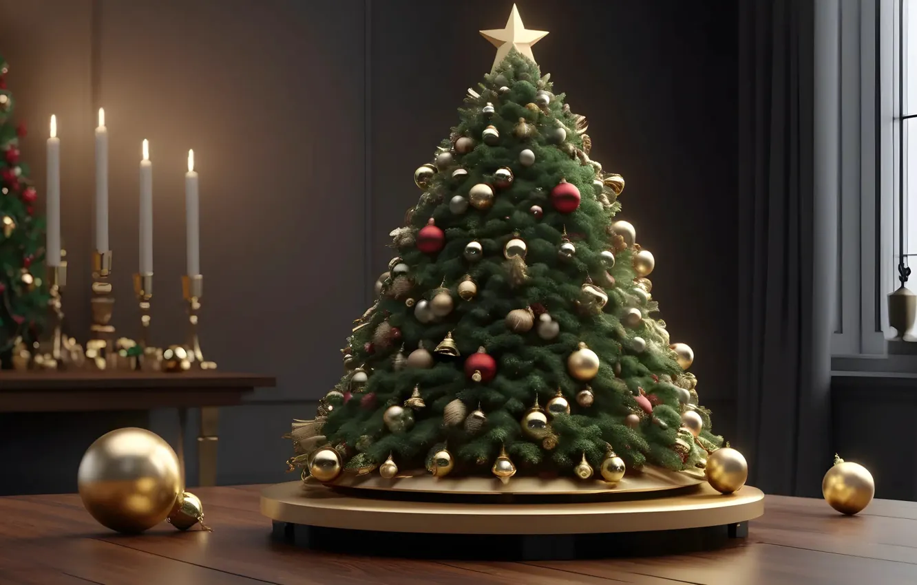 Photo wallpaper decoration, balls, tree, new year, Christmas, golden, Christmas, balls