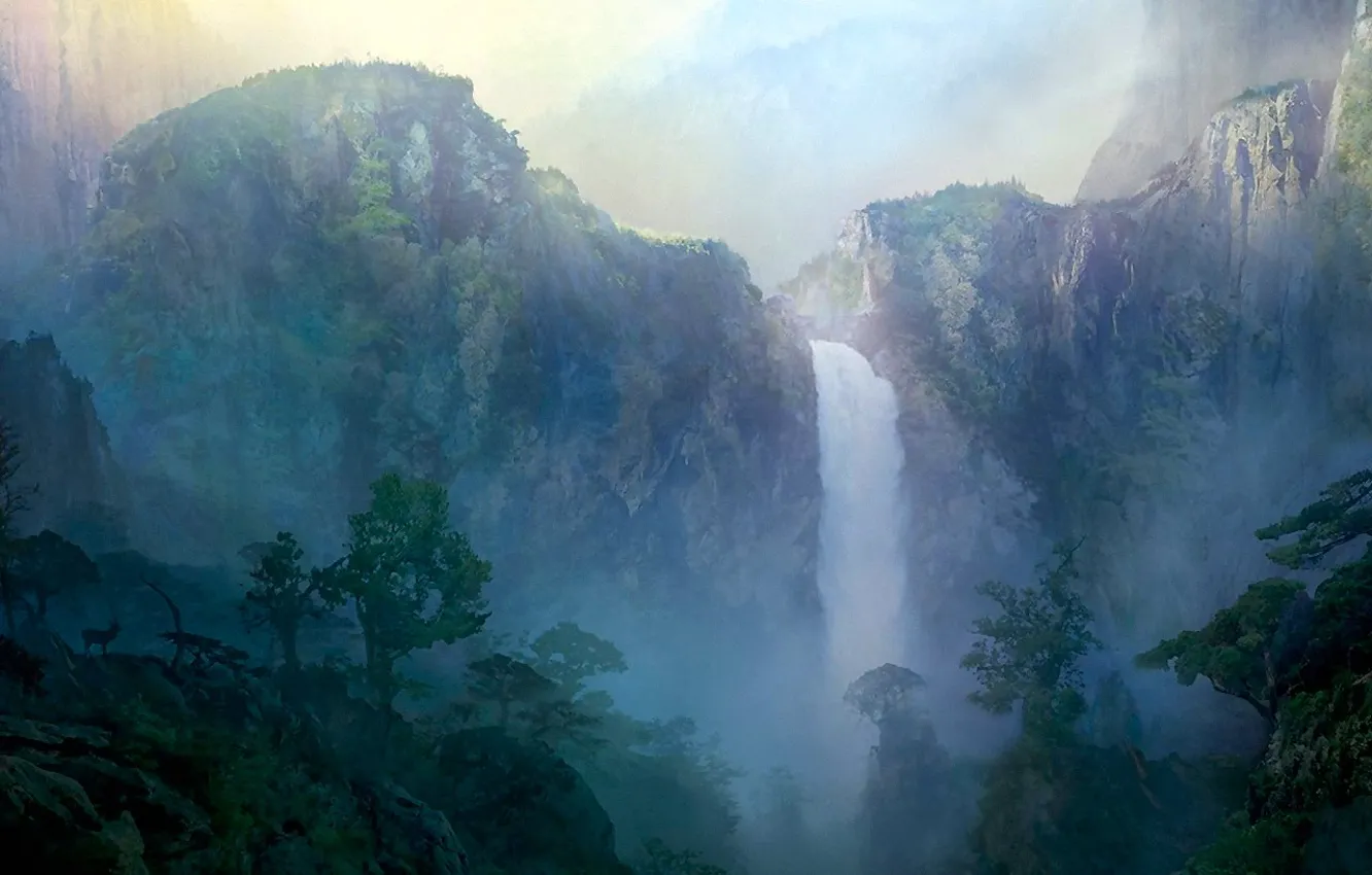 Photo wallpaper mountains, figure, Waterfall