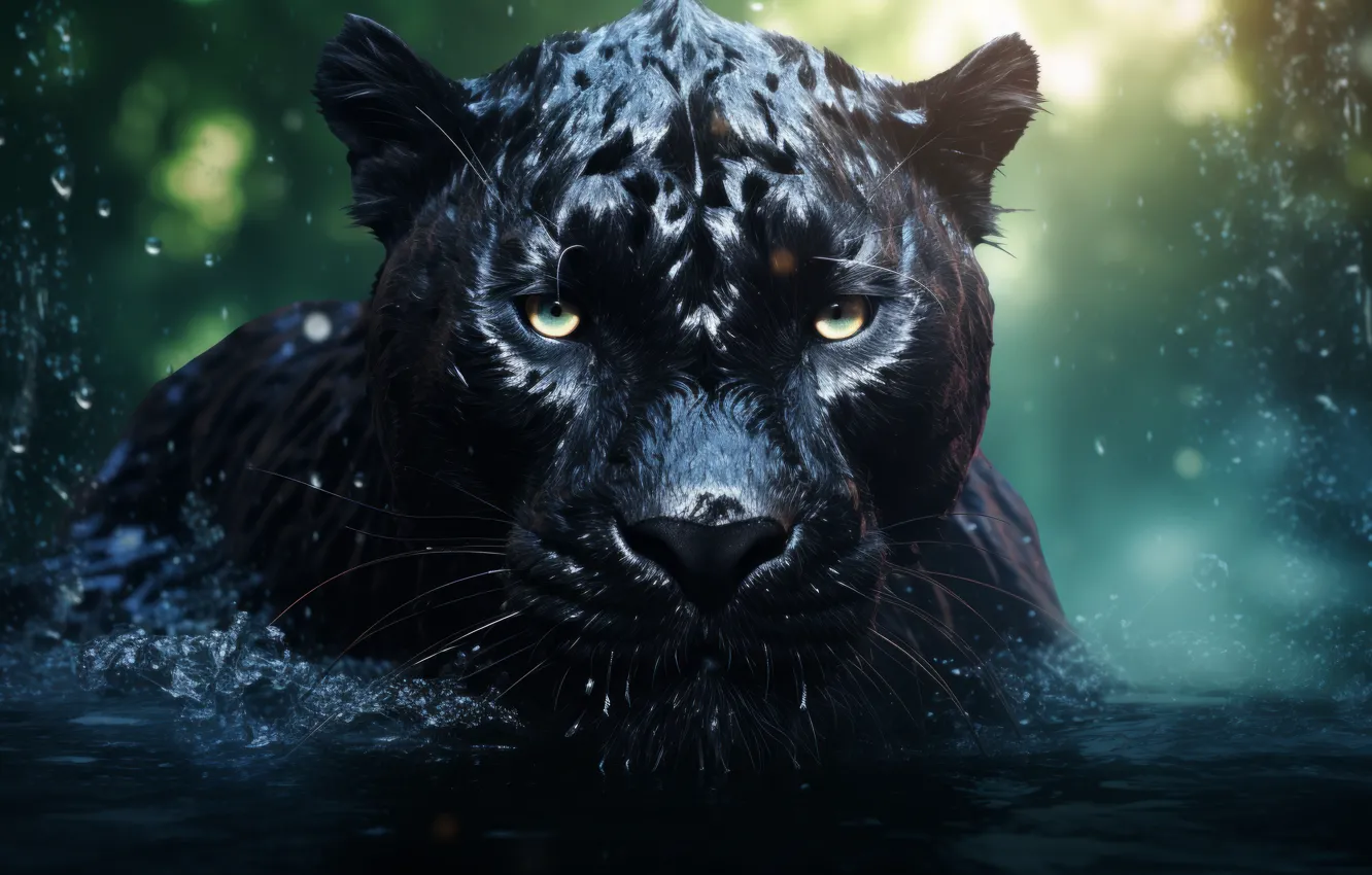 Photo wallpaper look, face, water, nature, pose, black, Panther, bathing