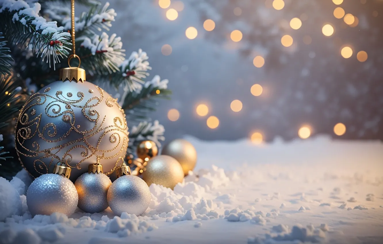 Photo wallpaper winter, snow, decoration, balls, tree, new year, Christmas, golden