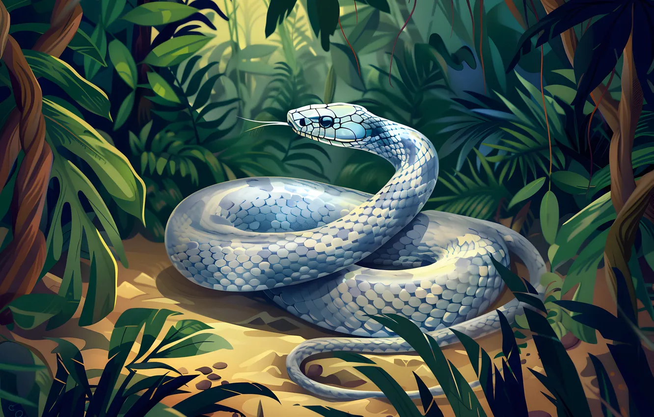 Photo wallpaper white, leaves, animal, snake, jungle, art, reptile, digital art