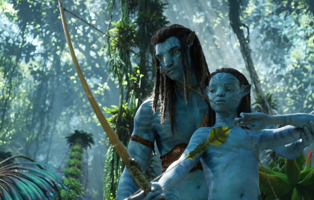 Photo wallpaper Avatar, bow, Jake Sully, Sam Worthington, Father and son, Avatar: The Way of Water, Neteyam, …