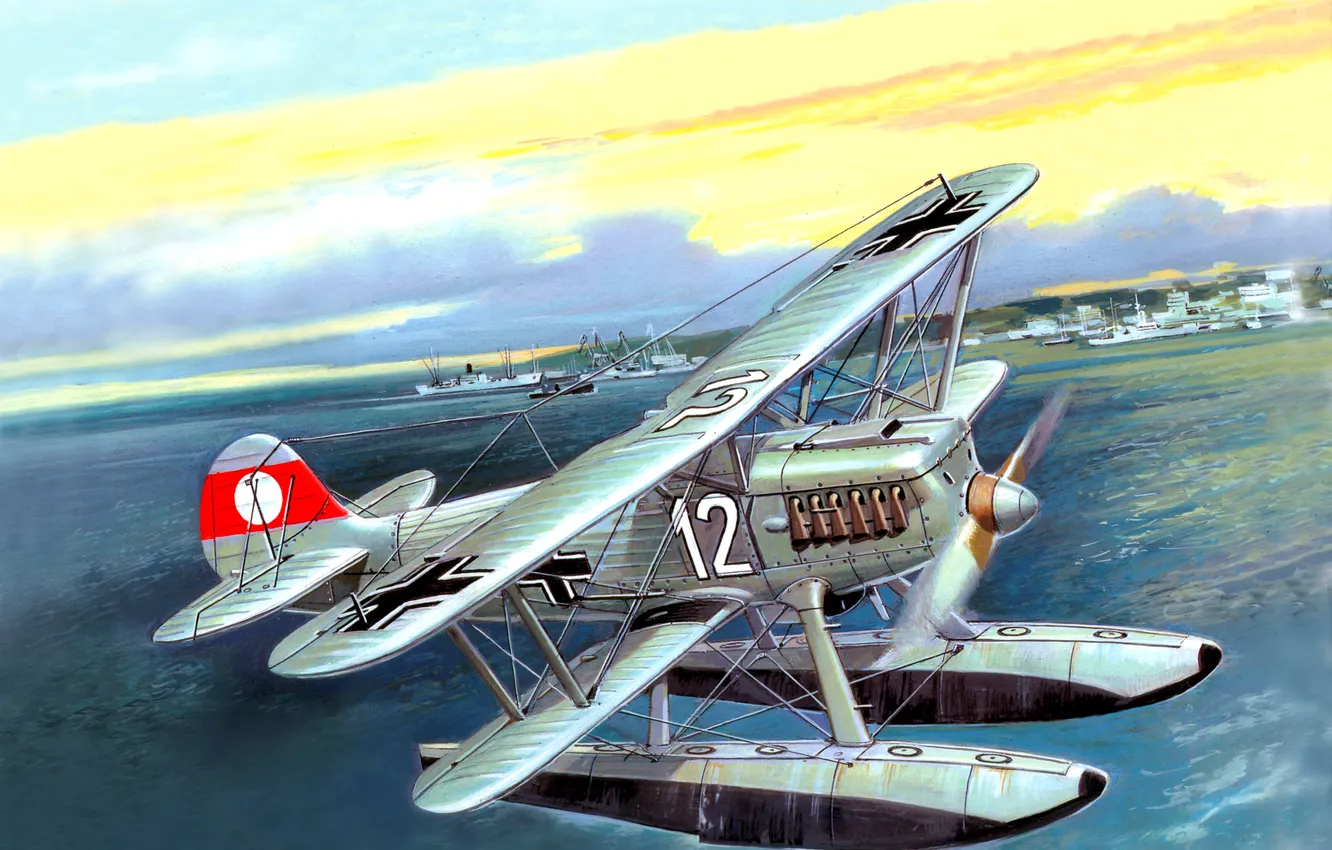 Photo wallpaper the sky, figure, ship, art, port, the plane, year, German