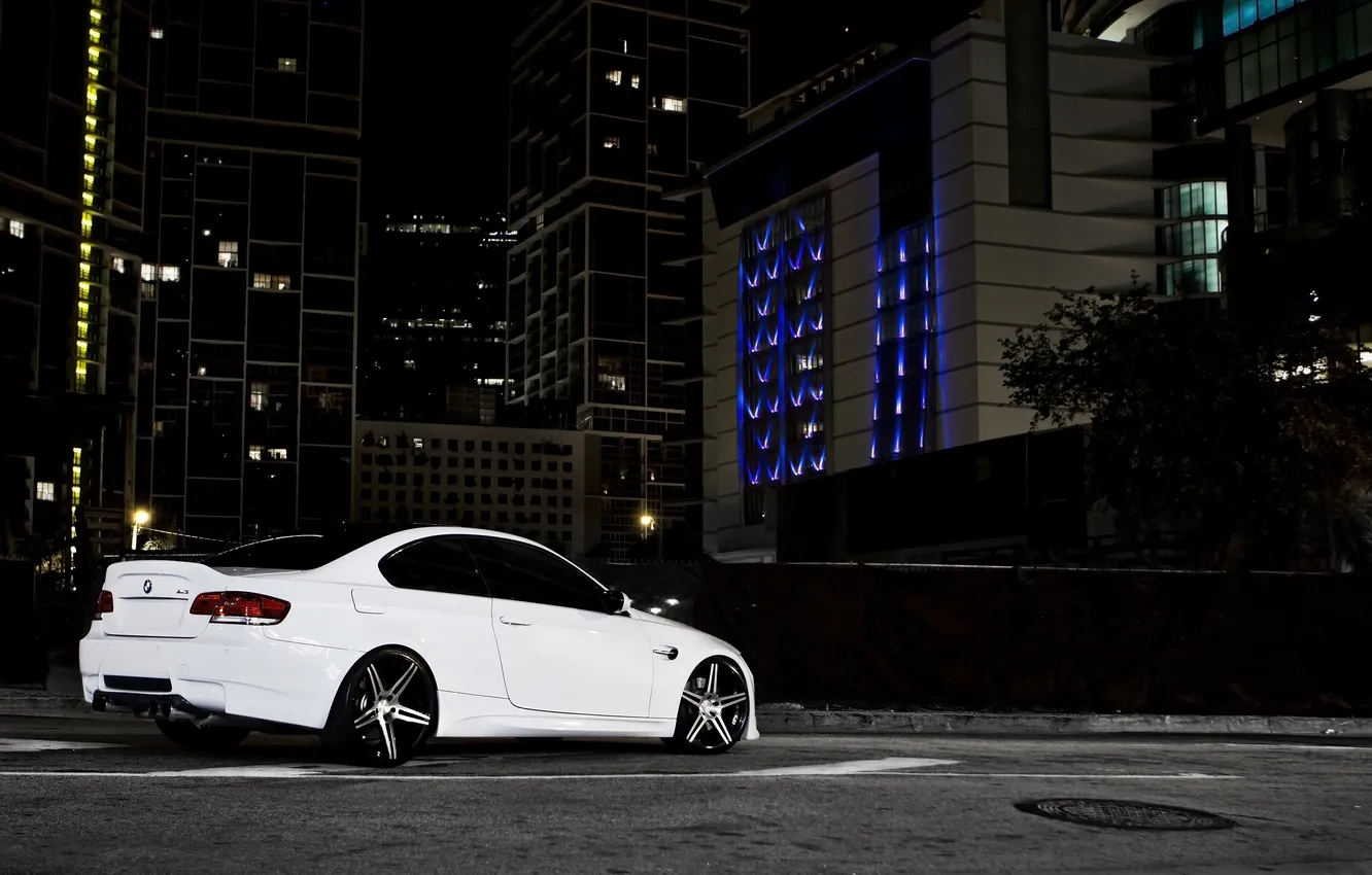 Photo wallpaper white, night, the city, lights, BMW, coupe, BMW, white