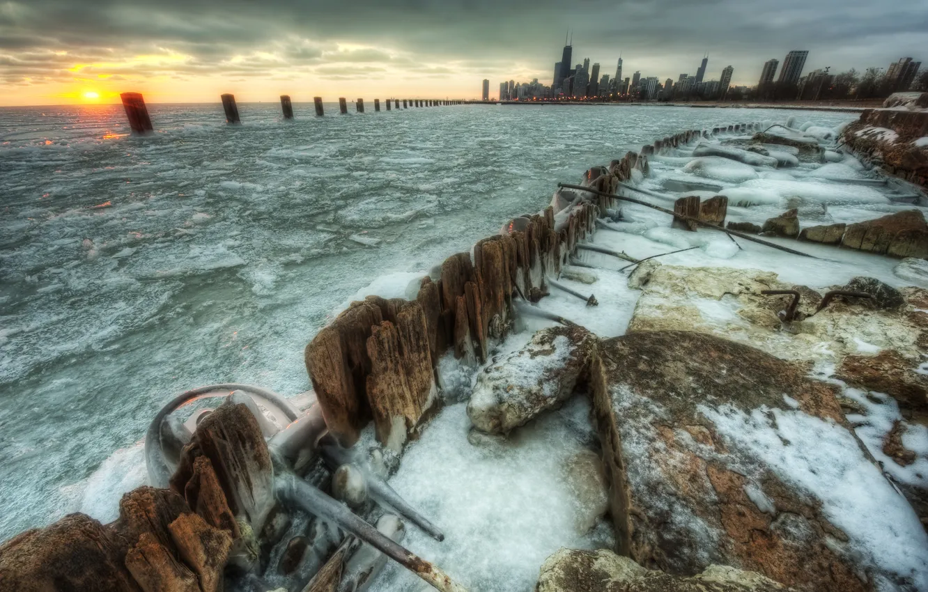 Photo wallpaper winter, the city, morning, Chicago, USA, Chicago, illinois, Illinois