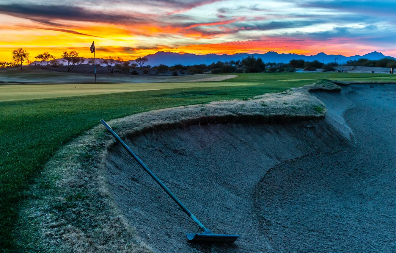 Photo wallpaper golf, Bunker Shot, flagstick
