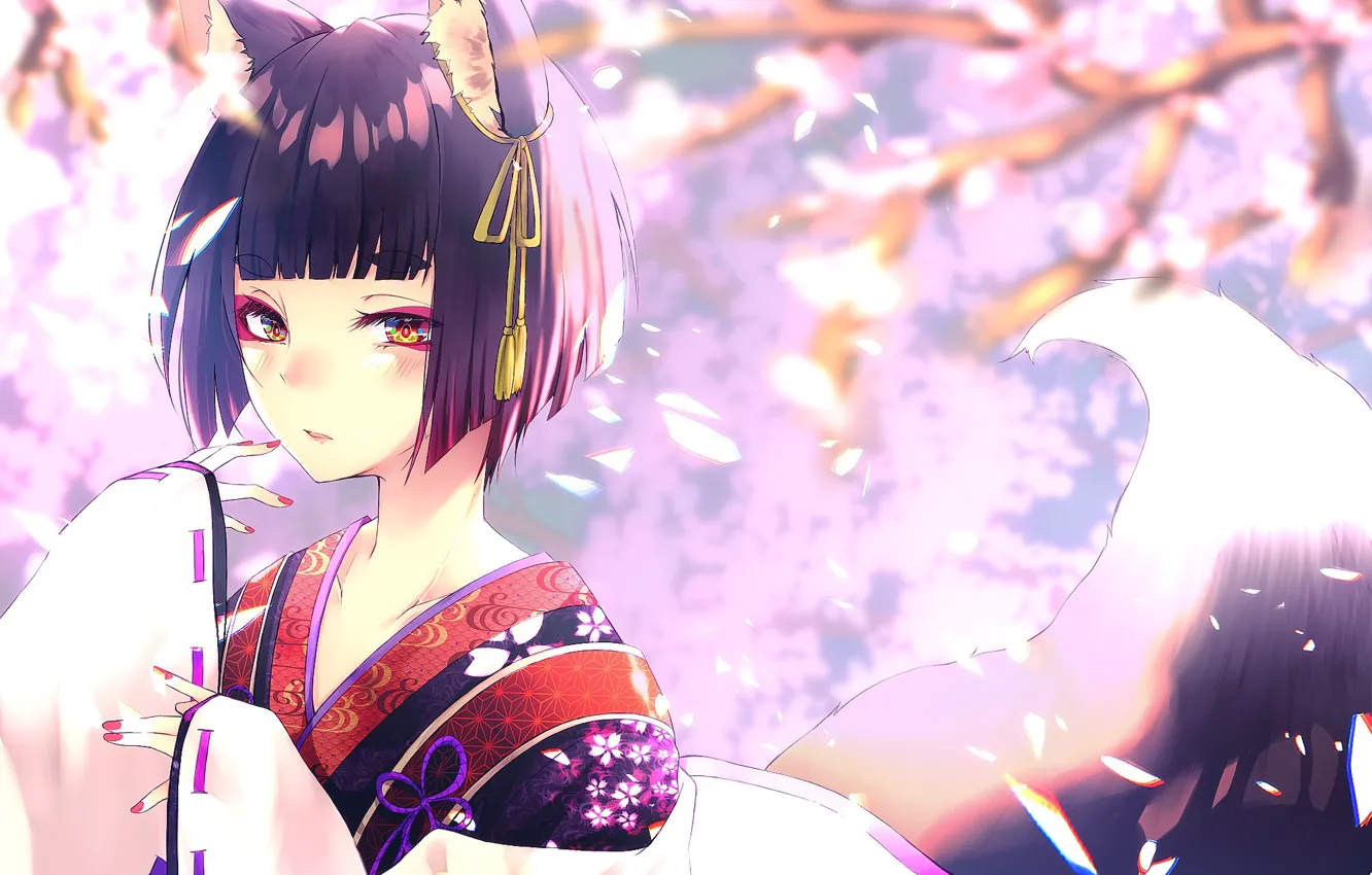 Photo wallpaper look, girl, art, neko, yukata