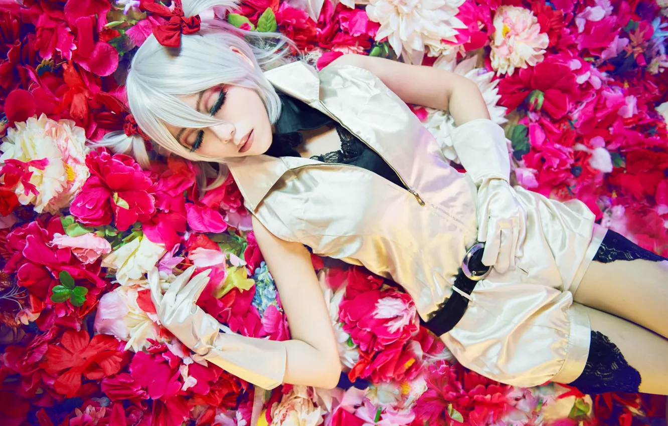 Photo wallpaper girl, flowers, sleep, sleeping, lies, image, Asian, characters