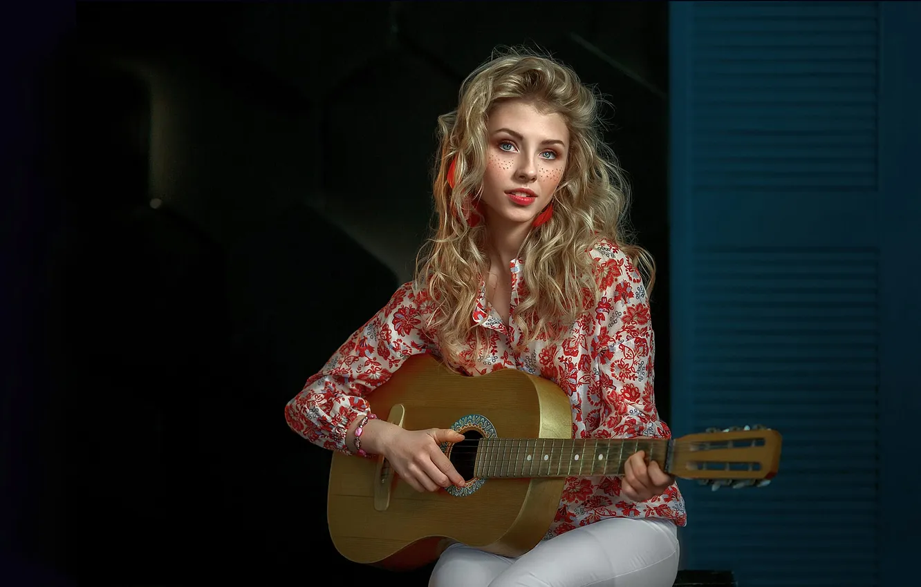 Photo wallpaper girl, guitar, portrait, blonde