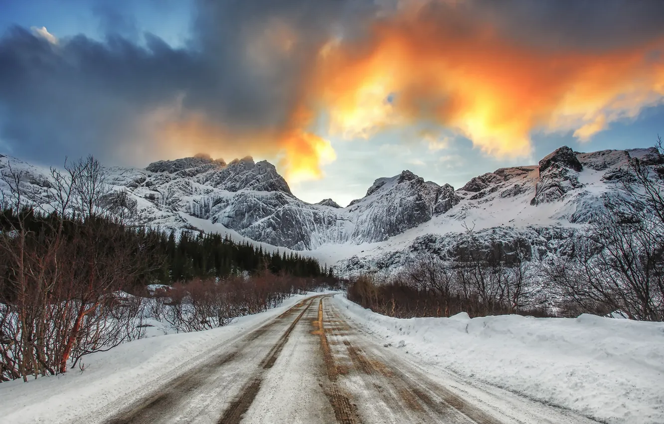 Photo wallpaper winter, road, mountains