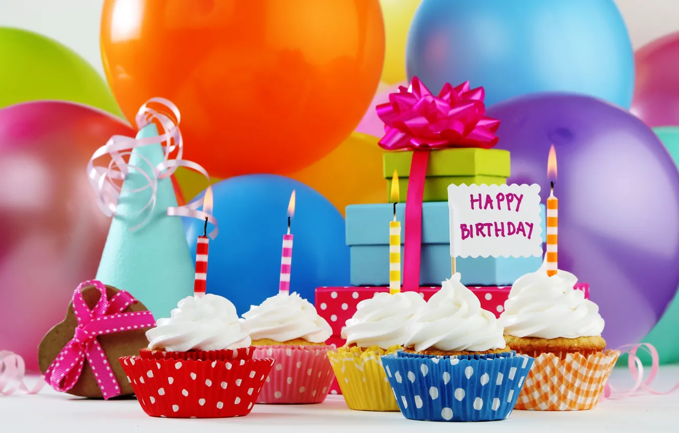 Photo wallpaper balls, candles, gifts, Happy Birthday, cupcake, cupcakes, Birthday