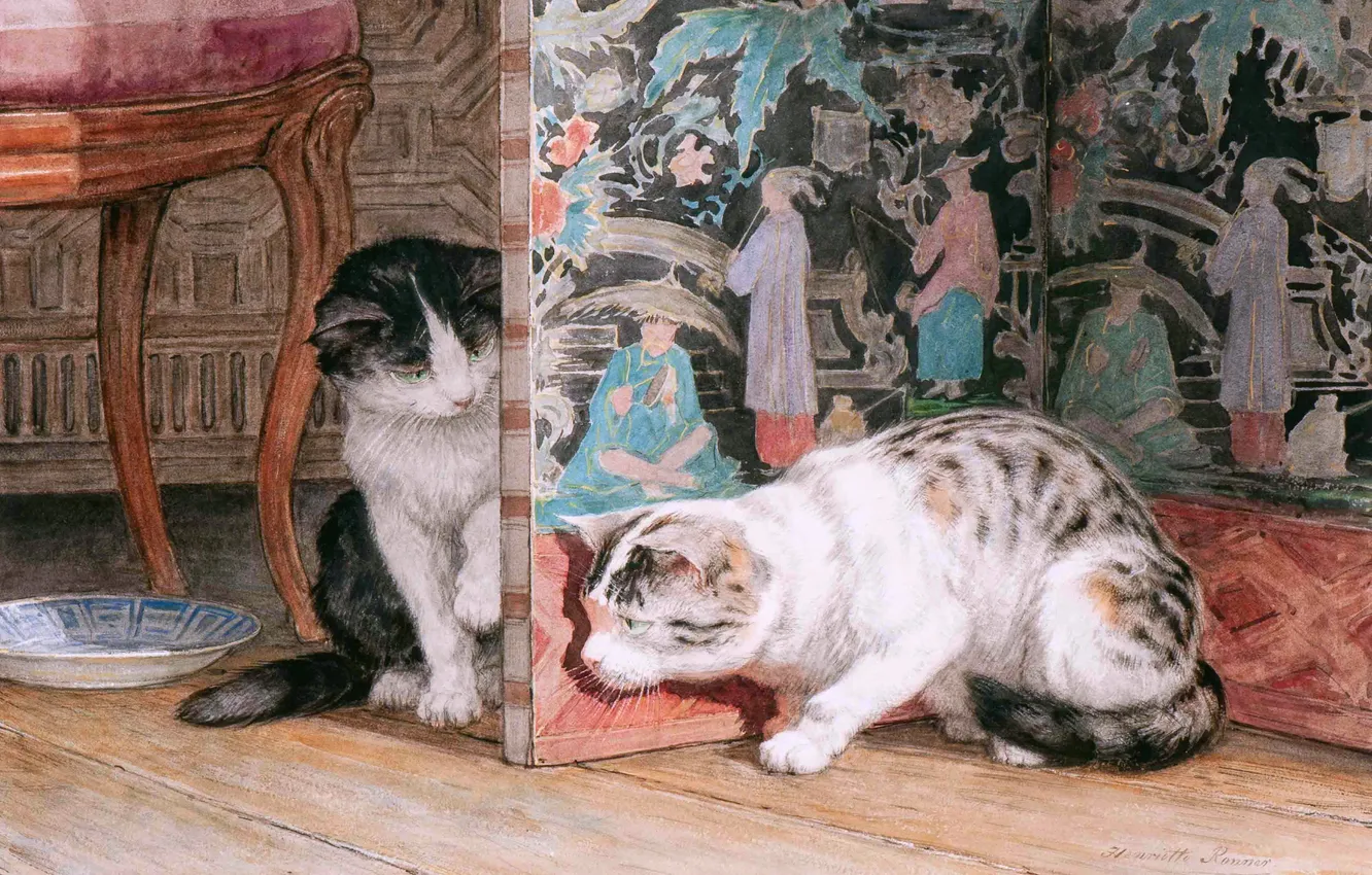 Photo wallpaper Cats, Picture, Two, Henrietta Ronner-Knipe, Henriette Ronner-Knip, The Belgian artist, A game of hide and …