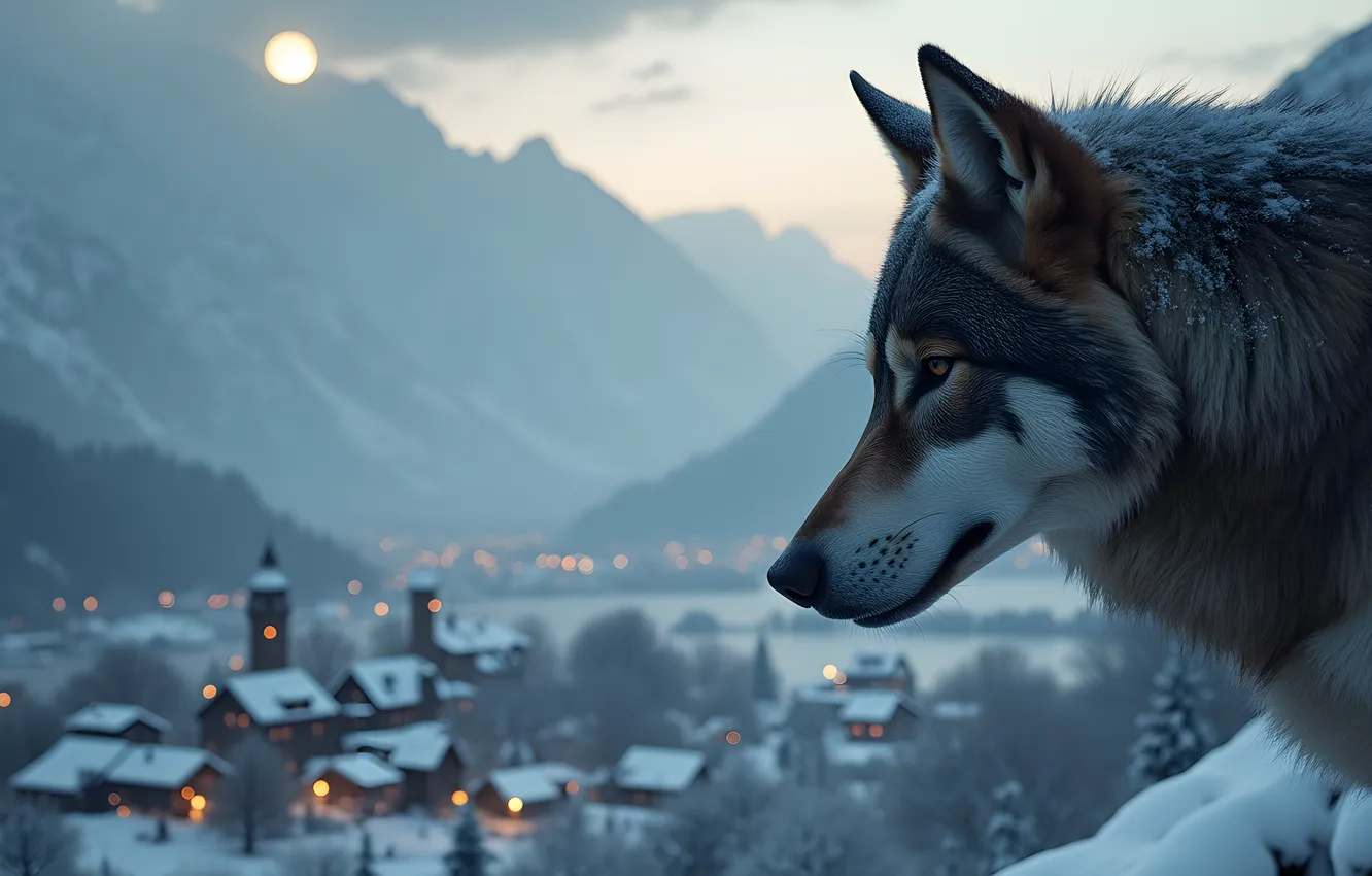 Photo wallpaper winter, frost, the sky, look, face, snow, mountains, lights