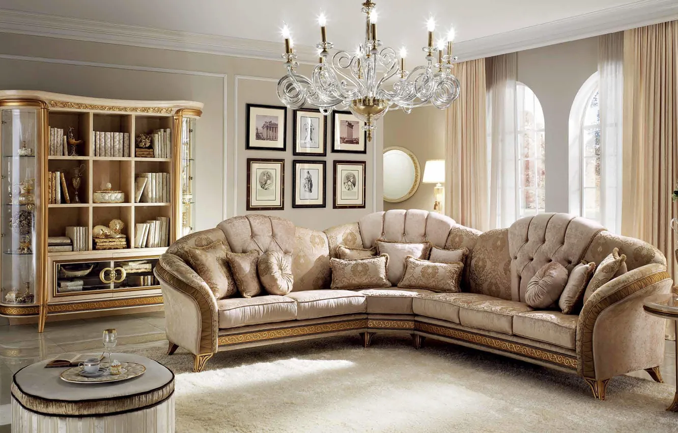Photo wallpaper sofa, gold, furniture, interior, chandelier, luxury, living room