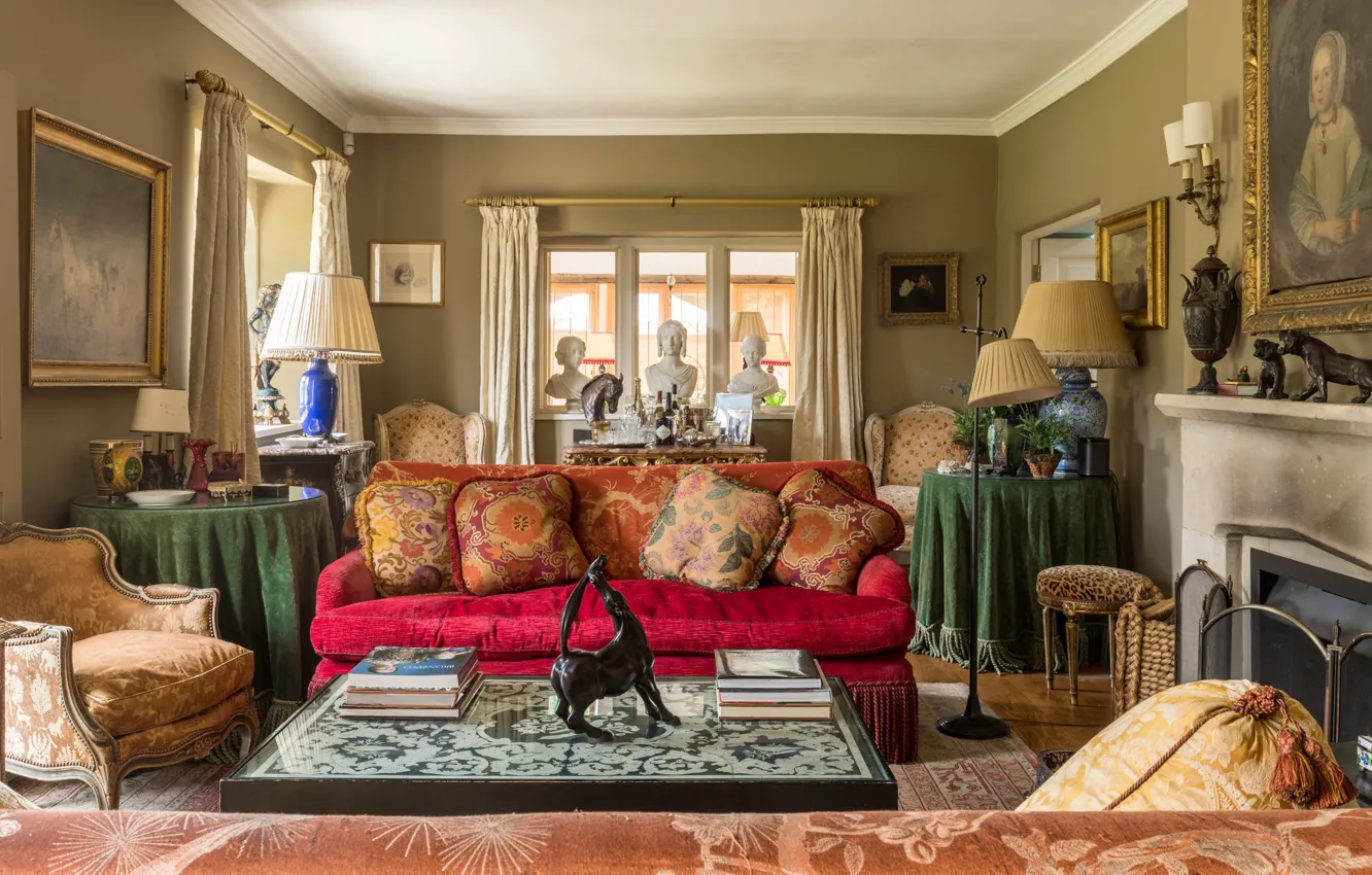 Photo wallpaper design, style, lamp, interior, picture, figurine, fireplace, velvet