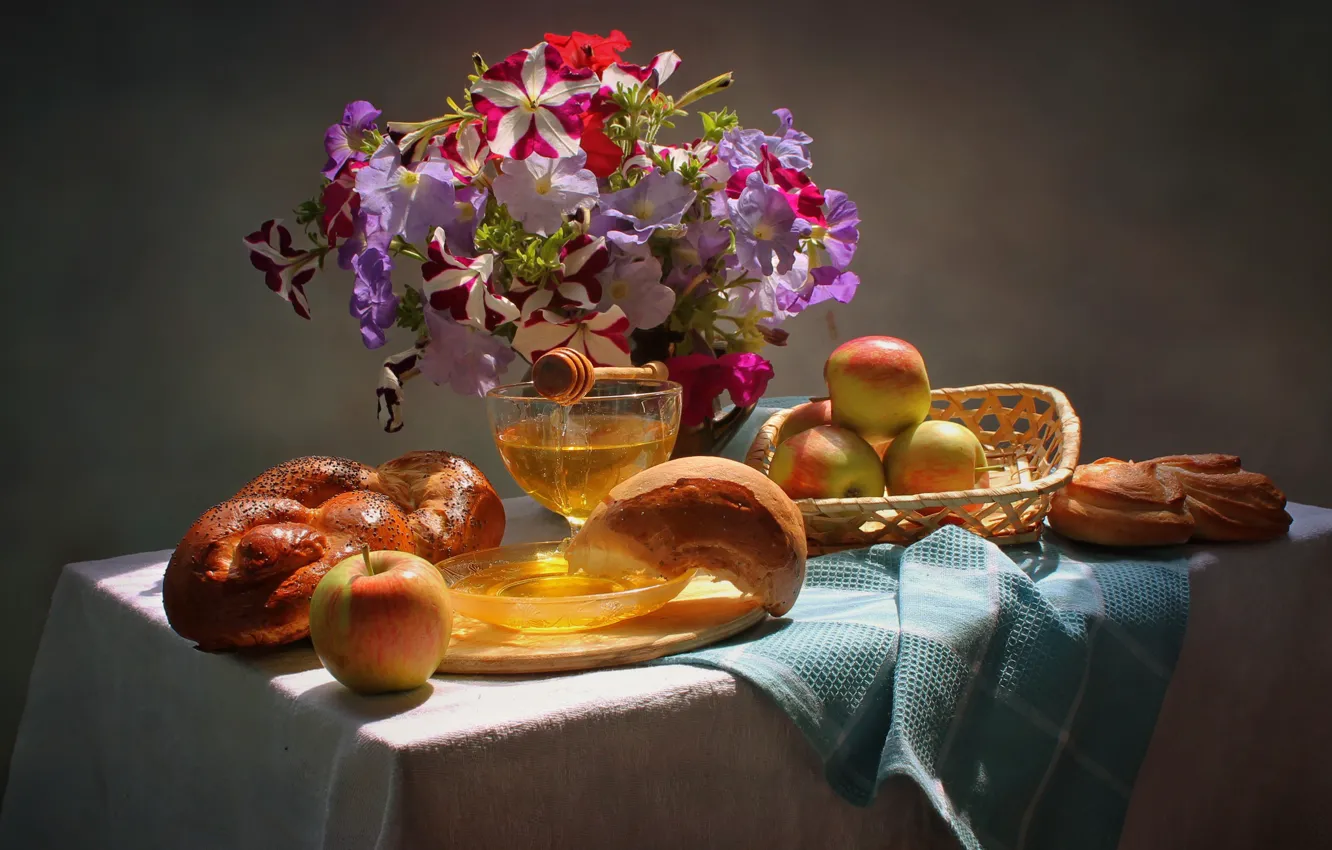 Photo wallpaper flowers, table, apples, Board, fruit, still life, honey, basket