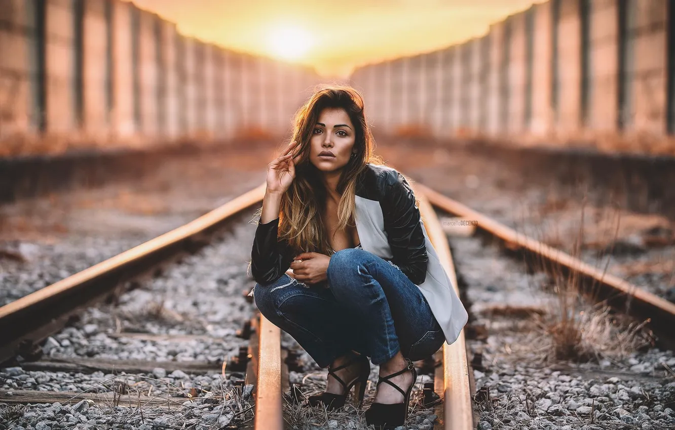 Photo wallpaper rails, portrait, jeans, makeup, jacket, hairstyle, railroad, brown hair