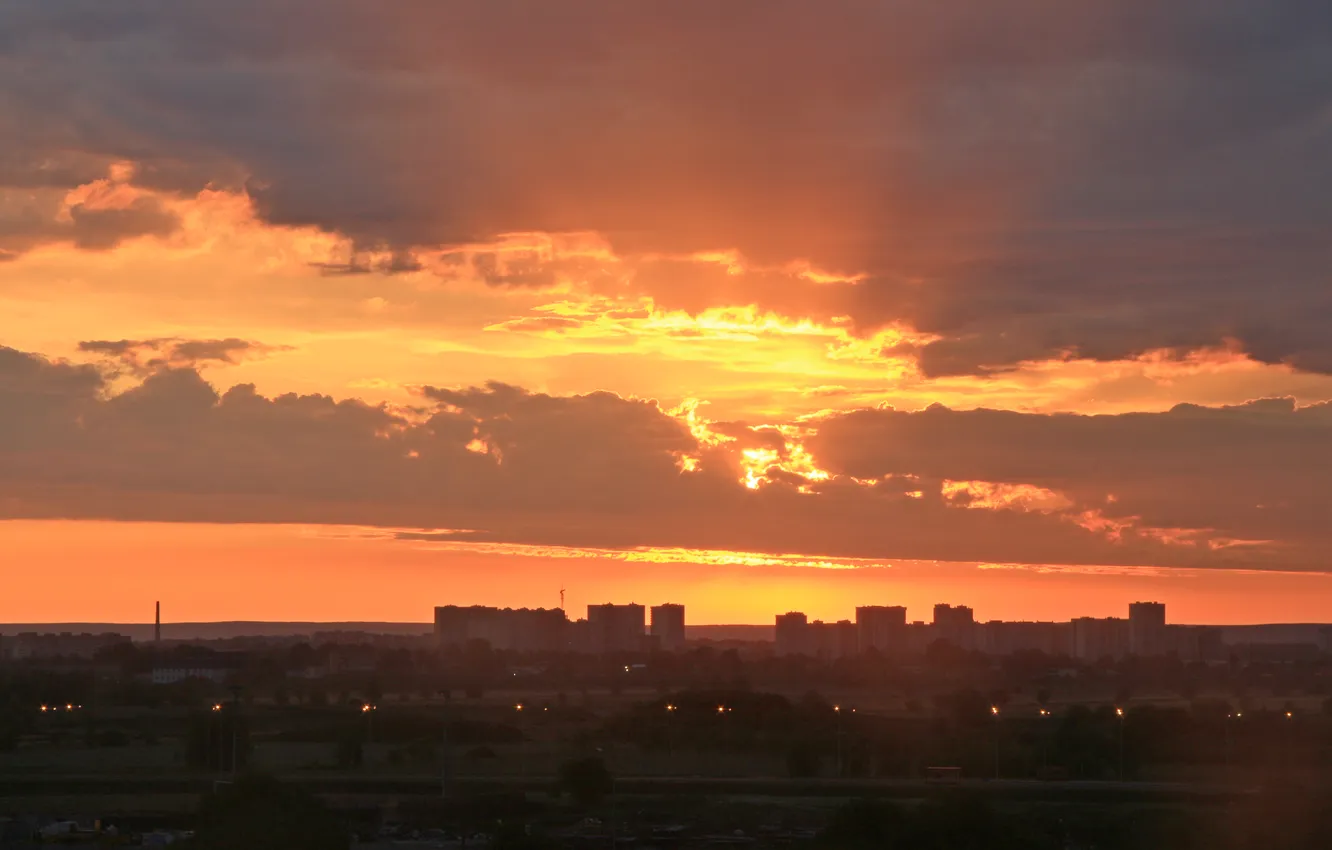 Photo wallpaper summer, the sky, clouds, sunset, the city, building, home, the evening