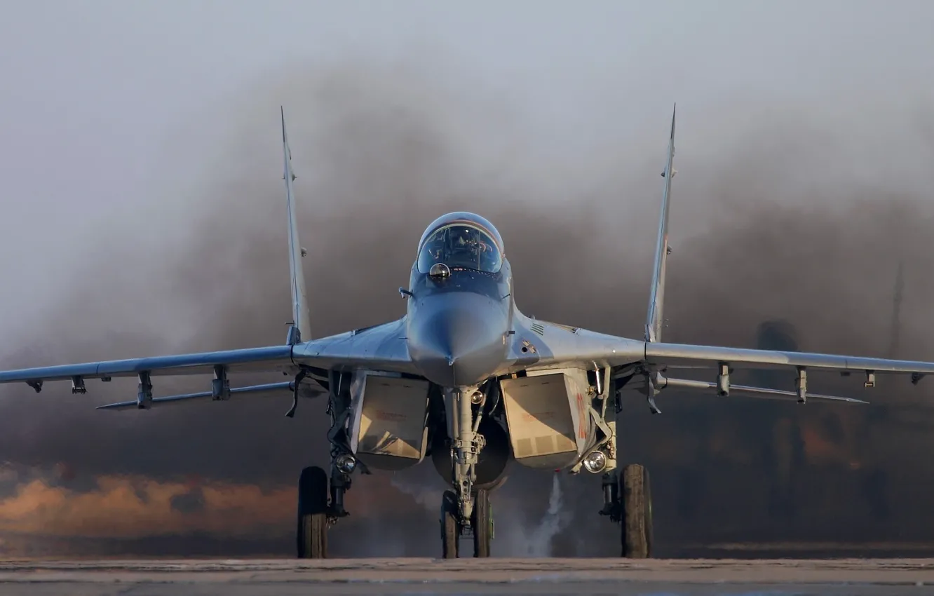 Photo wallpaper smoke, the airfield, The MiG-29