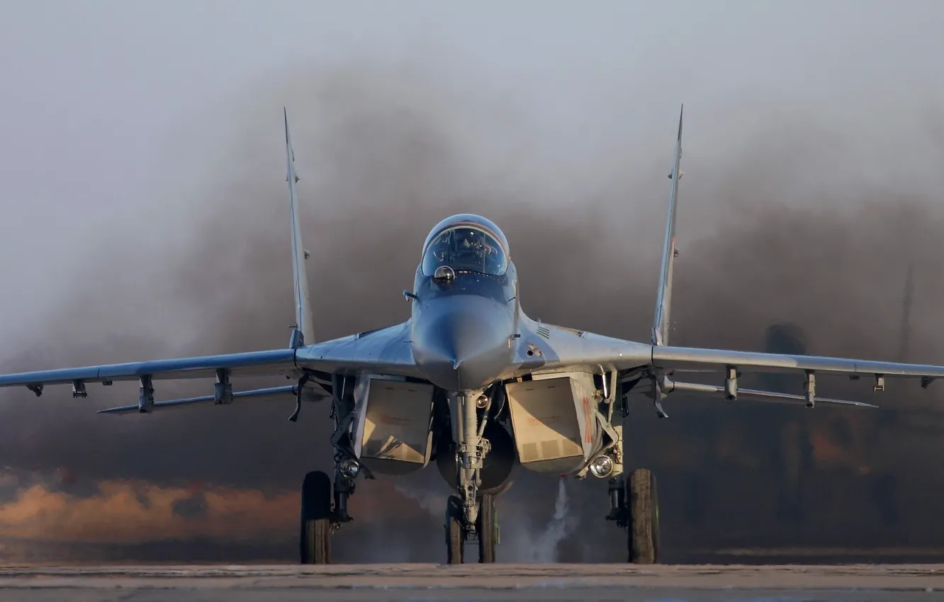 Photo wallpaper smoke, the airfield, the MiG-29
