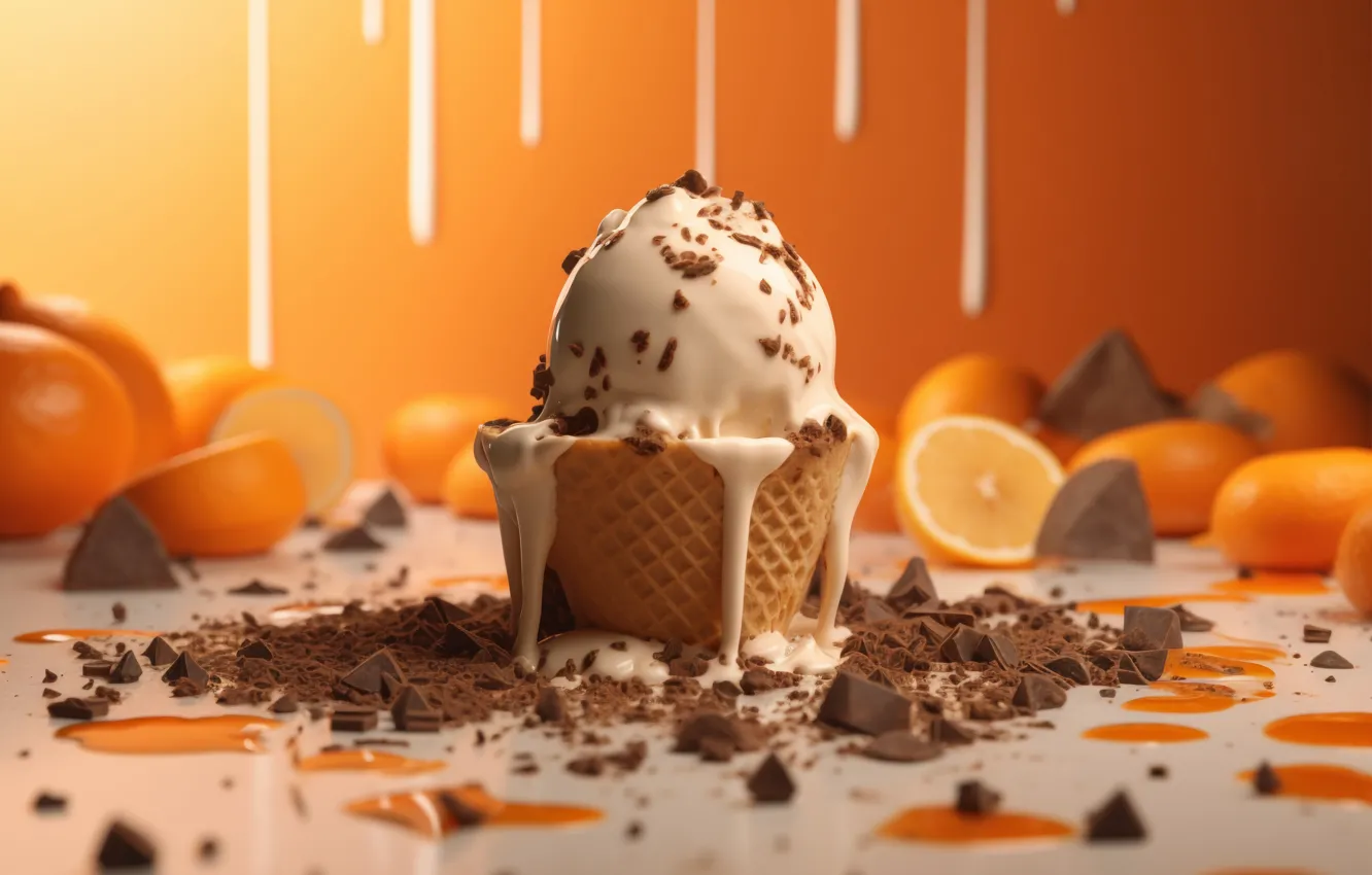 Photo wallpaper table, orange, chocolate, ice cream, placer, orange background, dessert, slices