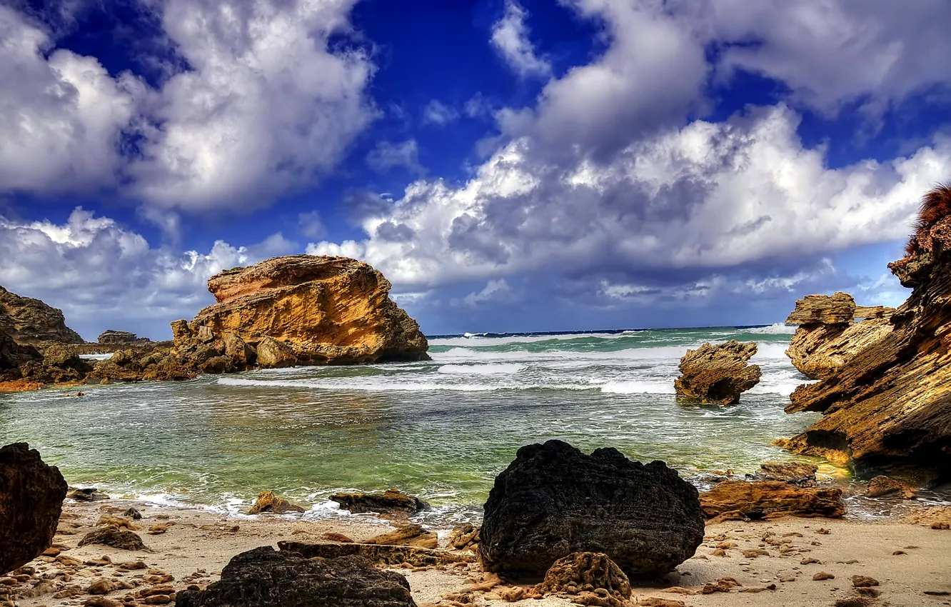 Photo wallpaper sea, the sky, clouds, stones, rocks, surf