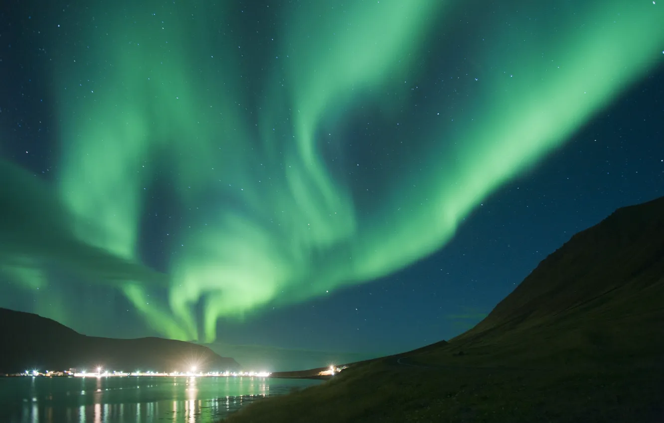 Photo wallpaper mountains, night, North, polar lights
