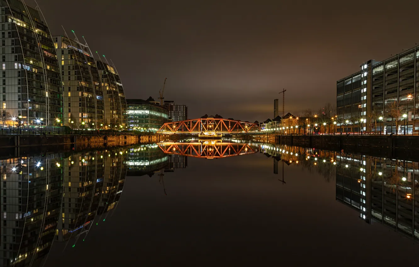 Photo wallpaper night, bridge, the city, lights, river, building, home, lights