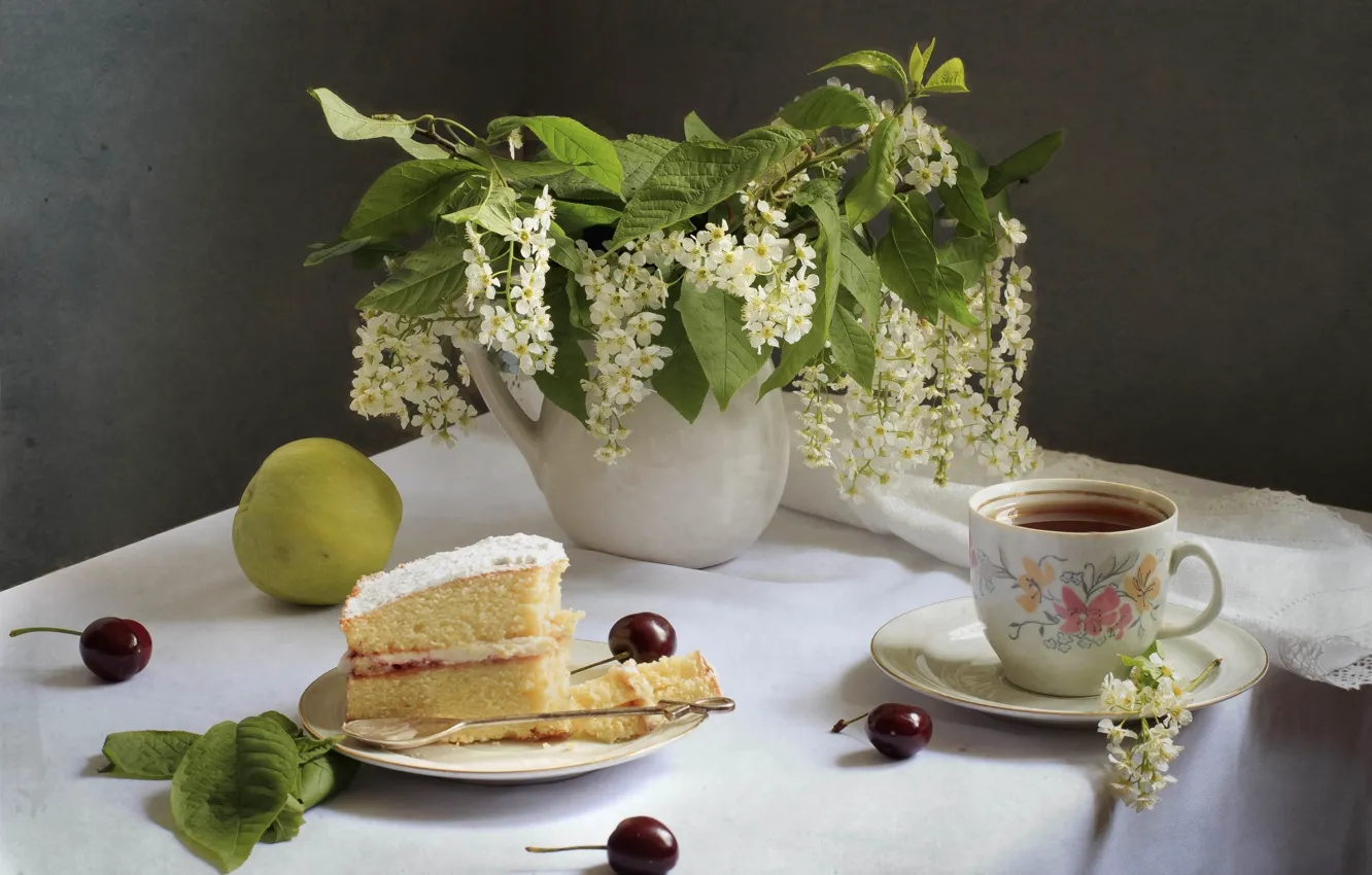 Photo wallpaper cherry, tea, Apple, cake, still life, cherry