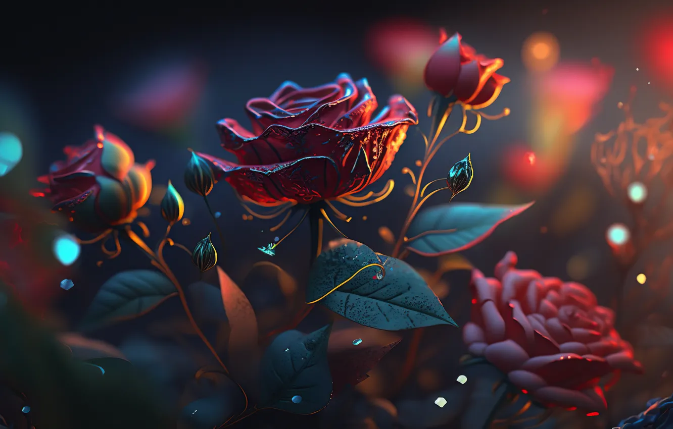 Photo wallpaper light, flowers, red, rendering, roses, buds, bokeh, digital art