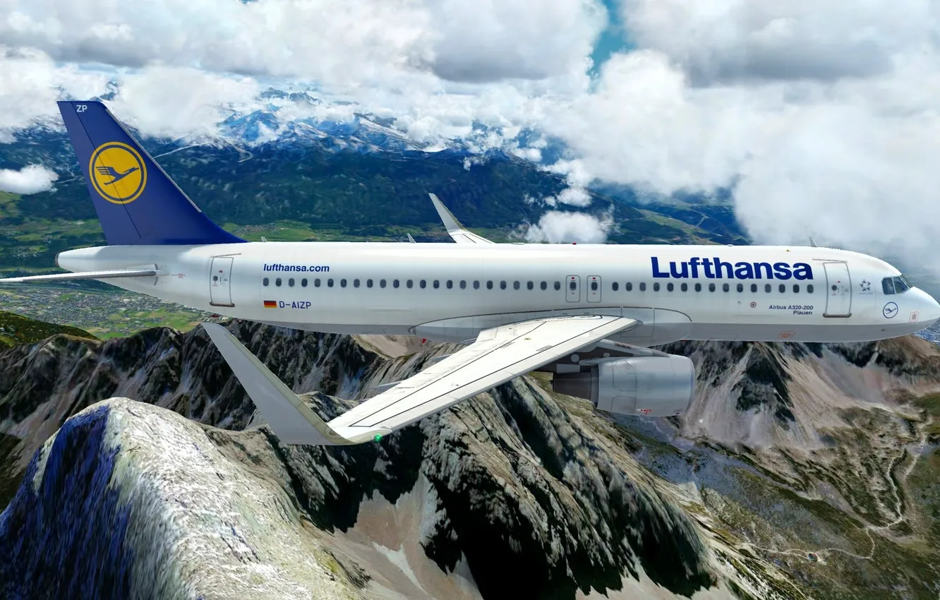 Photo wallpaper flight, mountains, the plane, Airbus, Airbus A320 Lufthansa