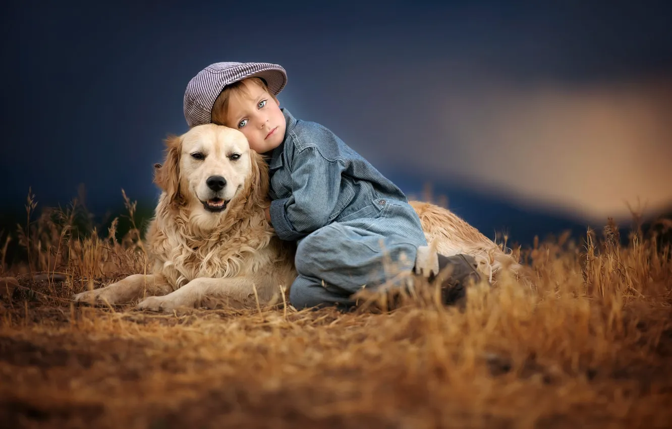 Photo wallpaper grass, sunset, nature, children, each, animal, dog, boy