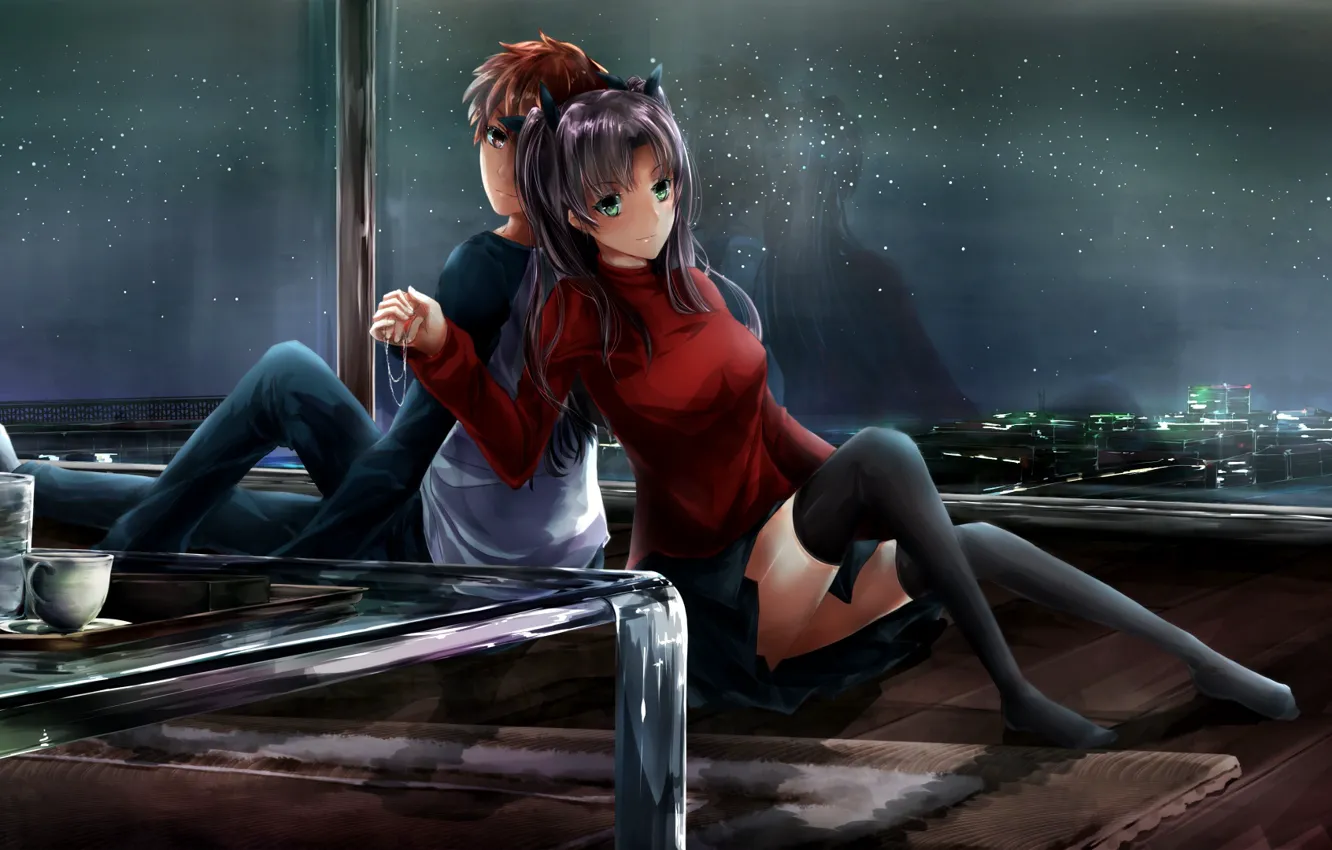 Photo wallpaper night, anime, window, art, pair, Fate Stay Night, Rin, Shiro