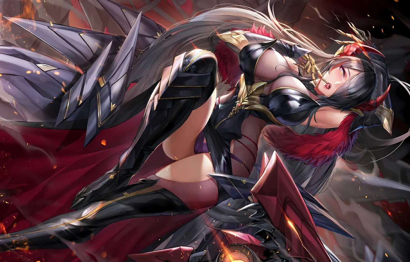 Photo wallpaper girl, sexy, lingerie, Cameltoe, cleavage, panties, thighhighs, horns