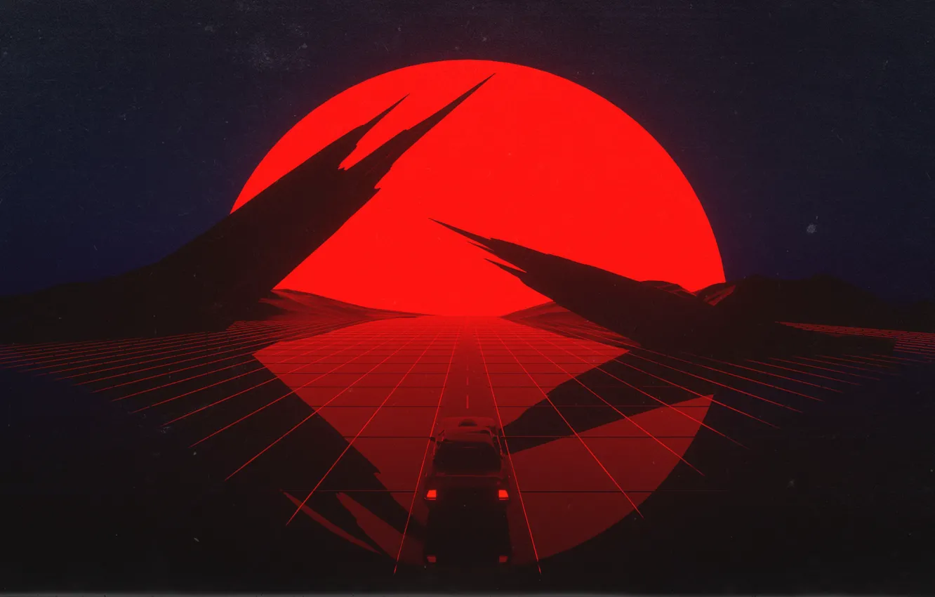 Photo wallpaper machine, auto, the sun, sunset, style, music, rendering, rocks