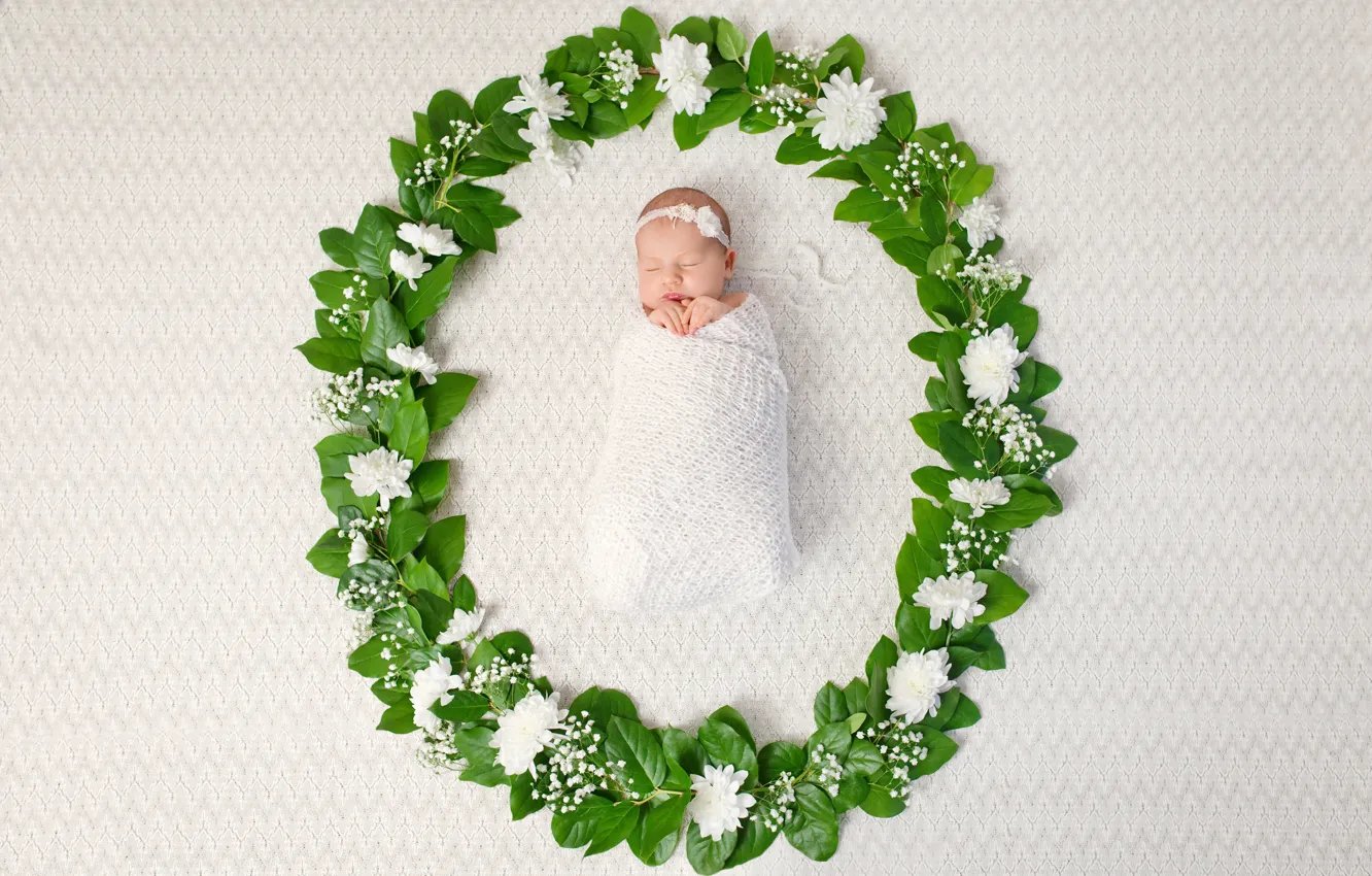 Photo wallpaper flowers, child, colors, garland, Baby, newborn