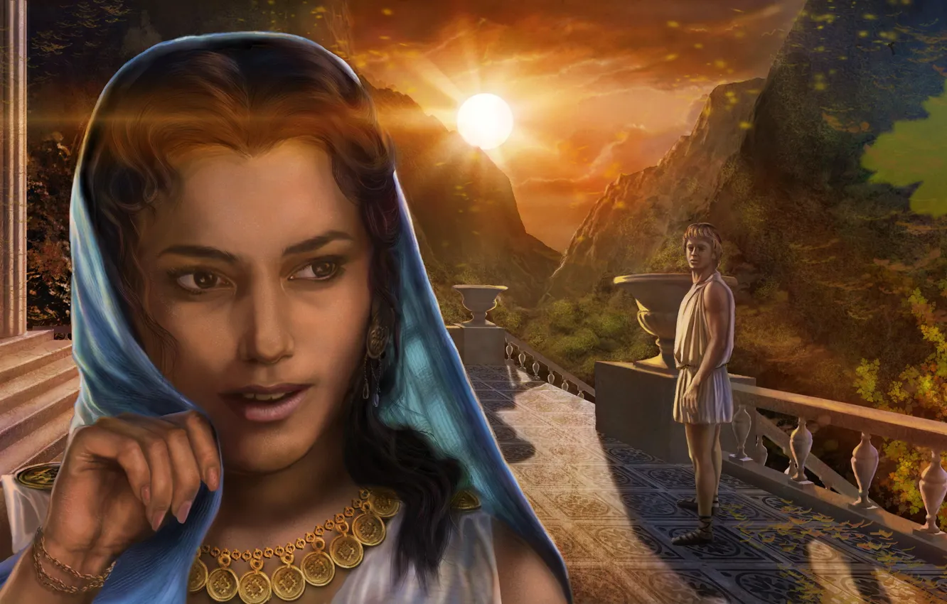 Photo wallpaper girl, decoration, sunset, mountains, face, hills, art, guy