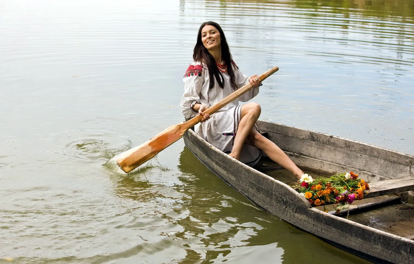 Photo wallpaper girl, flowers, river, mood, boat