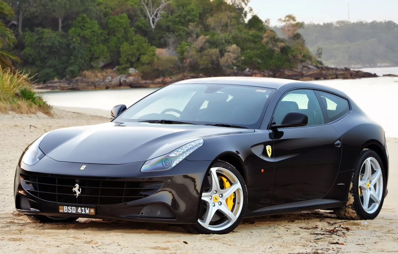 Photo wallpaper beach, trees, background, black, Ferrari, supercar, Ferrari, the front